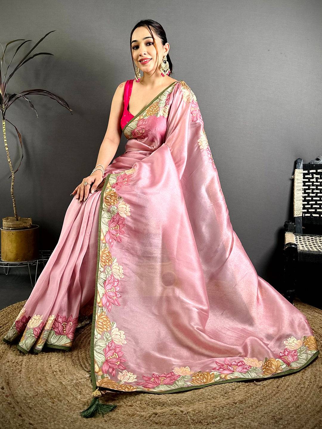 Pink Silky Tissue Resham Border Saree