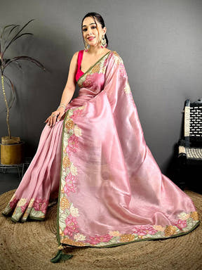 Pink Silky Tissue Resham Border Saree