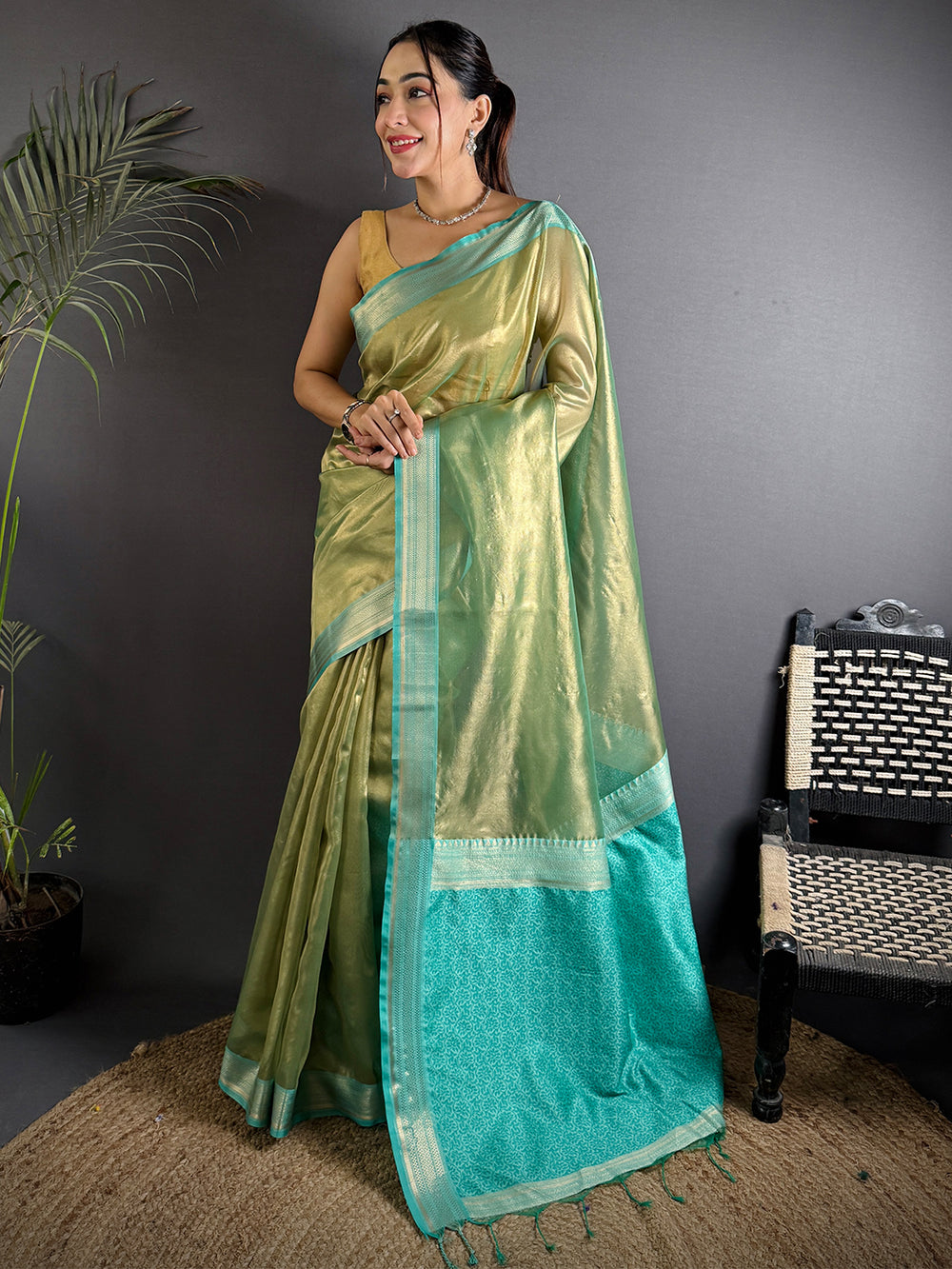 Radiant Sky Blue Gold Zari Tissue Saree