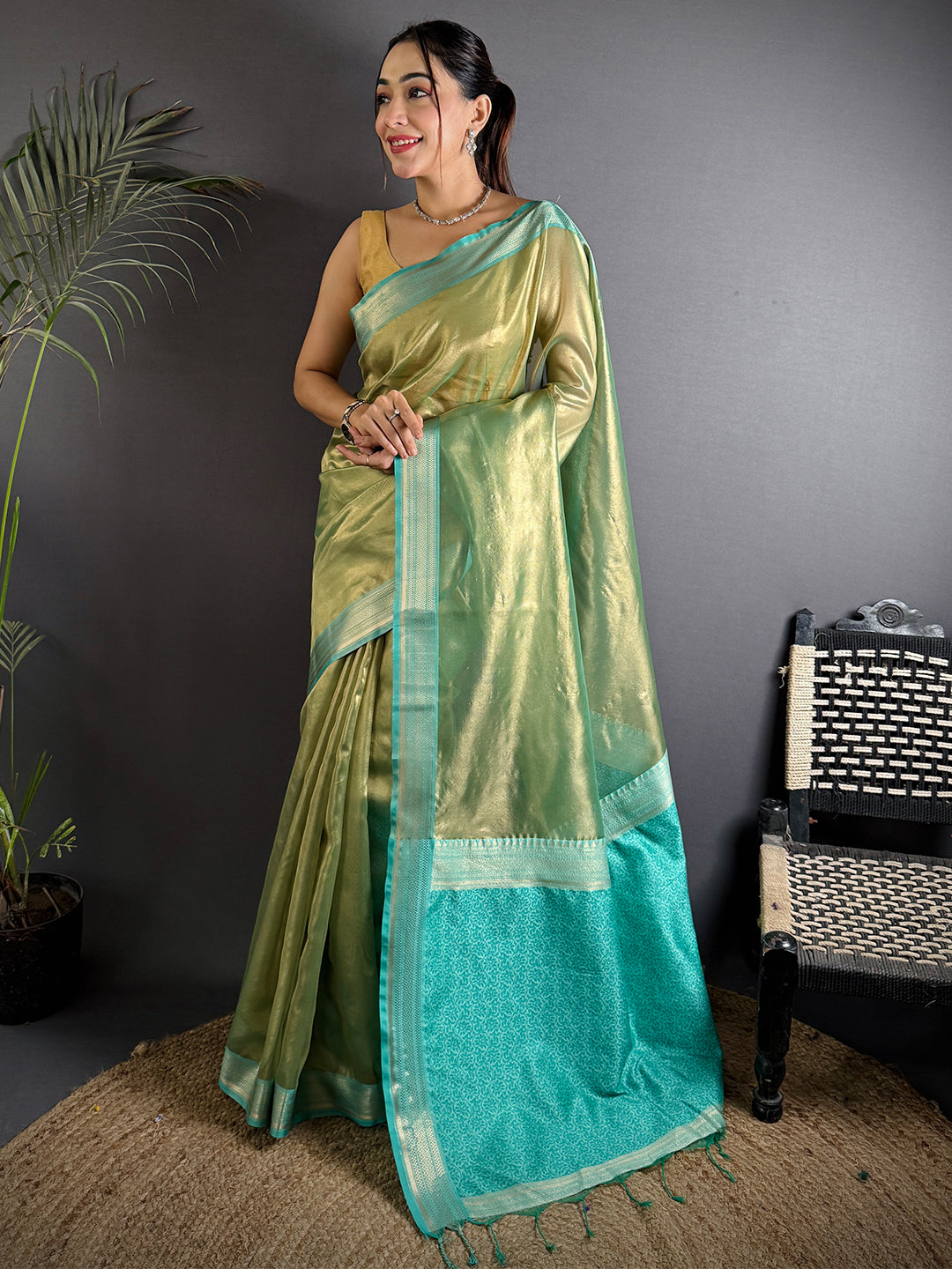 Radiant Sky Blue Gold Zari Tissue Saree