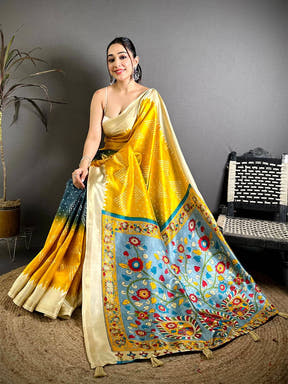 Stylish Kalamkari Pallu Bandhej Print Saree