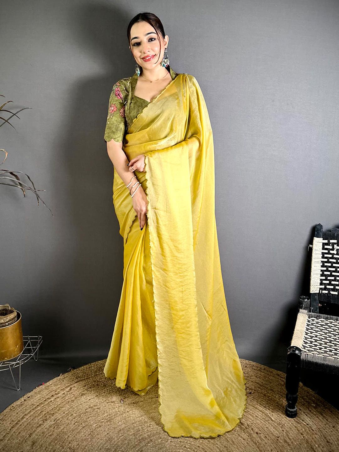 Stylish Mustard Silk Embroidery Cutwork Saree