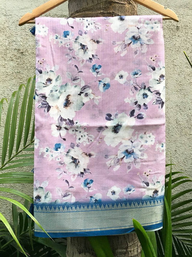 Purple Kota Flower Digital Print Saree on hanger
