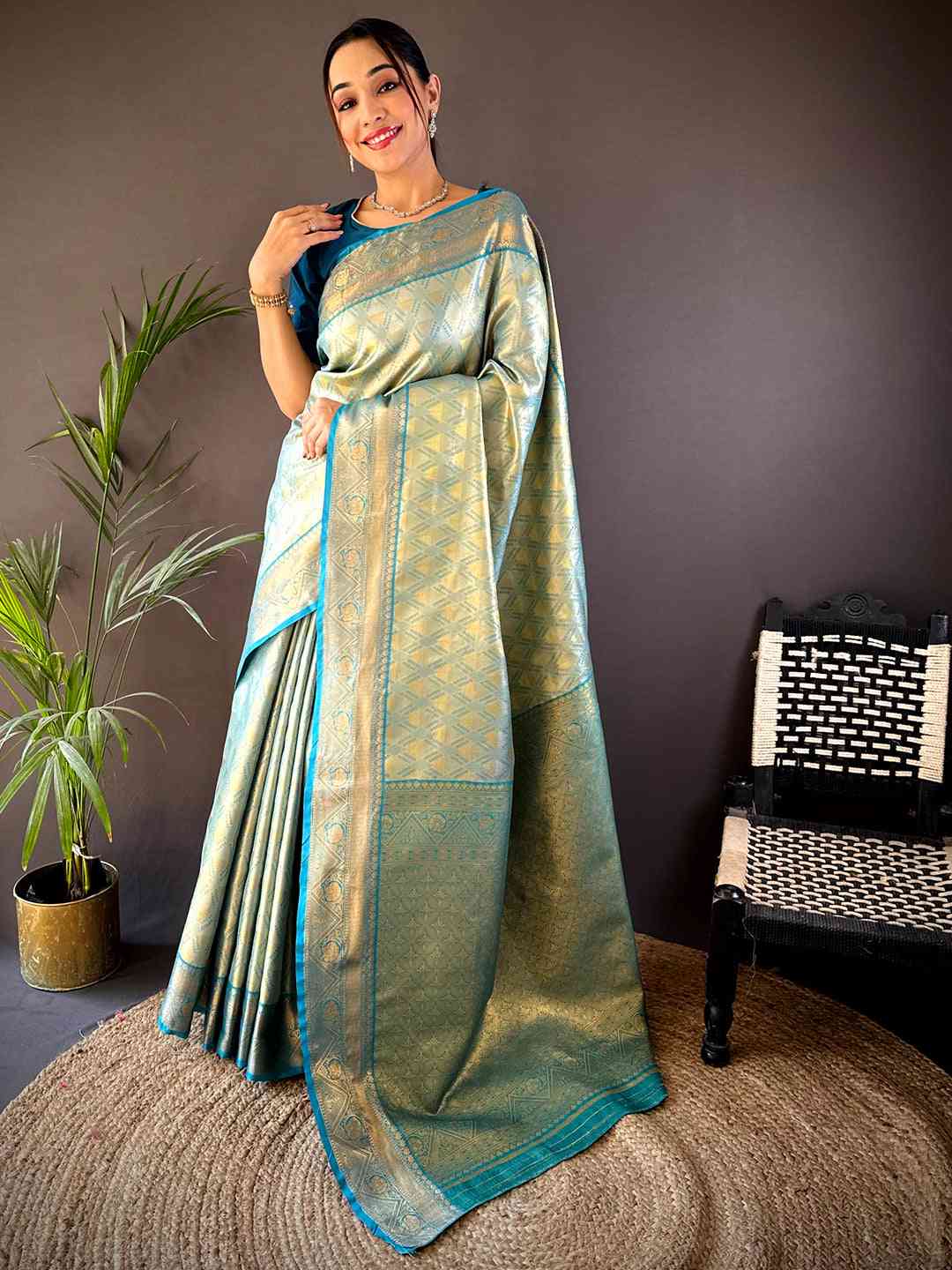Rama Golden Geometrics With Floral Elegance Saree