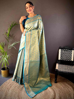 Rama Golden Geometrics With Floral Elegance Saree
