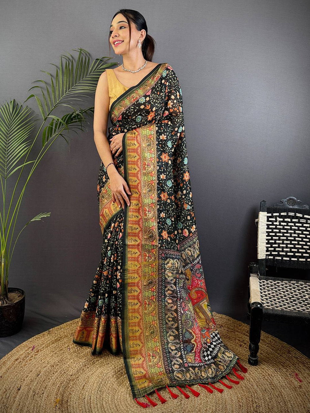 Black Aari Pashmina Print Linen Saree