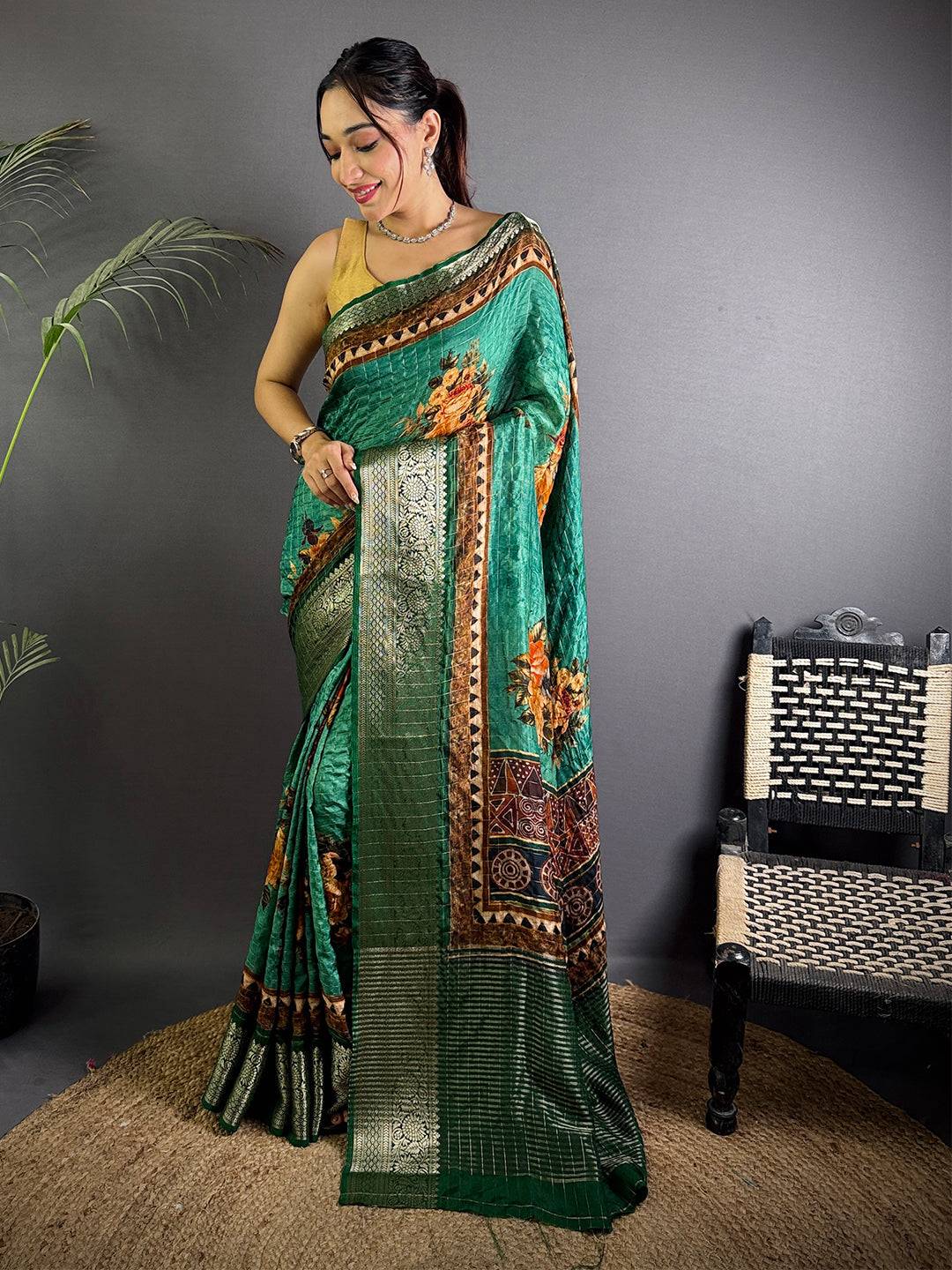 Emerald Green Floral Printed Viscose Saree