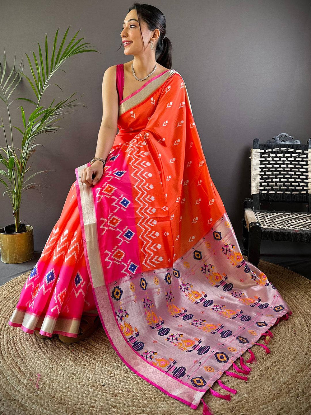 Beautiful Orange Ikkat Paithani Soft Silk Saree with traditional motifs
