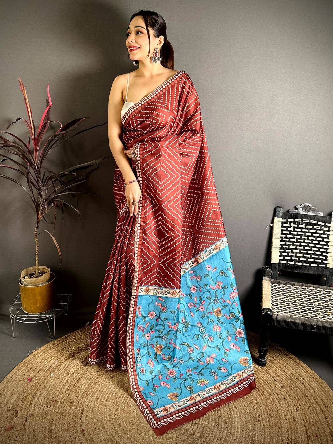 Classic Tussar Bandhej Kalamkari Saree