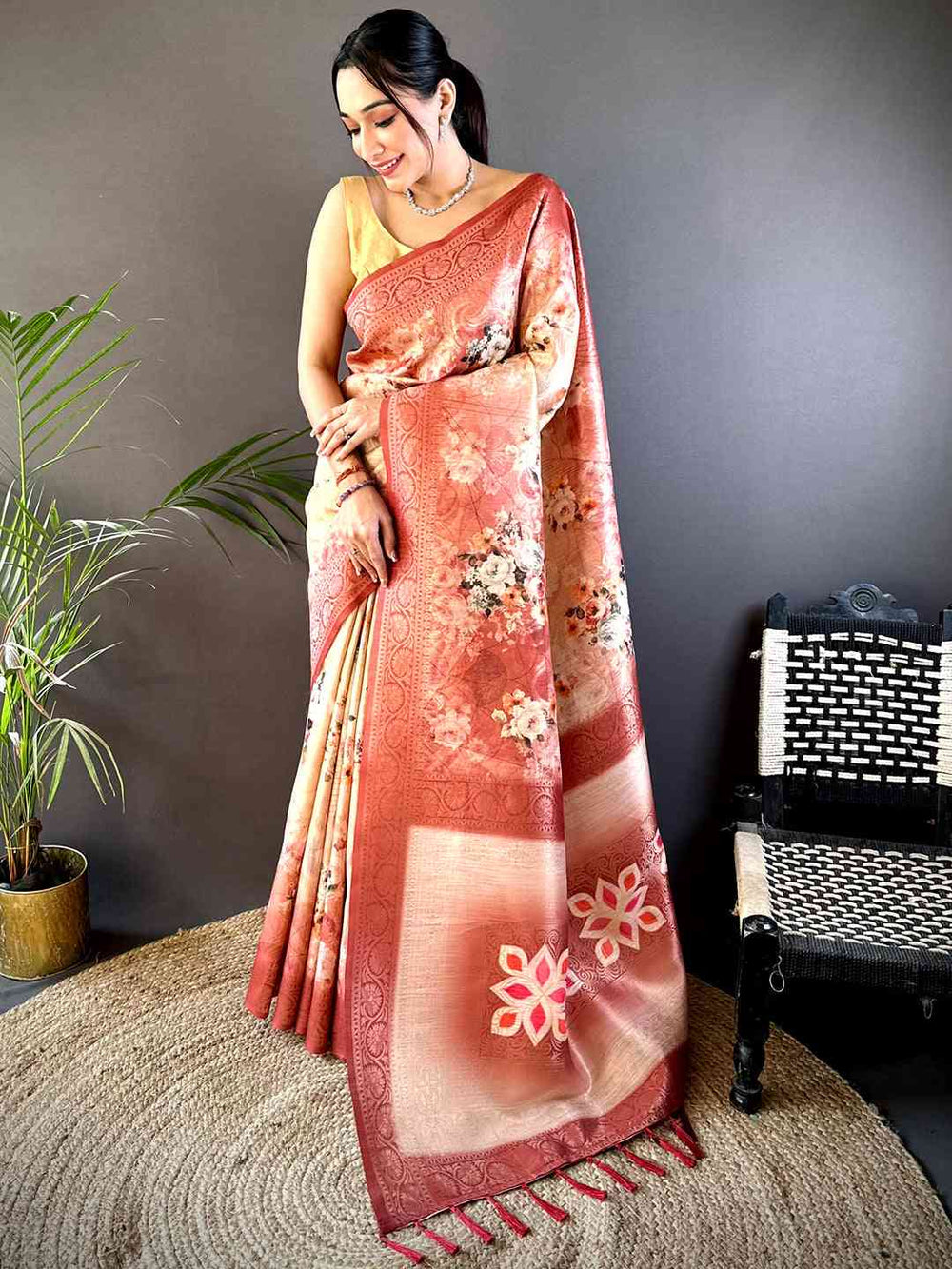 Red Slub Ghicha Zari Pallu Saree