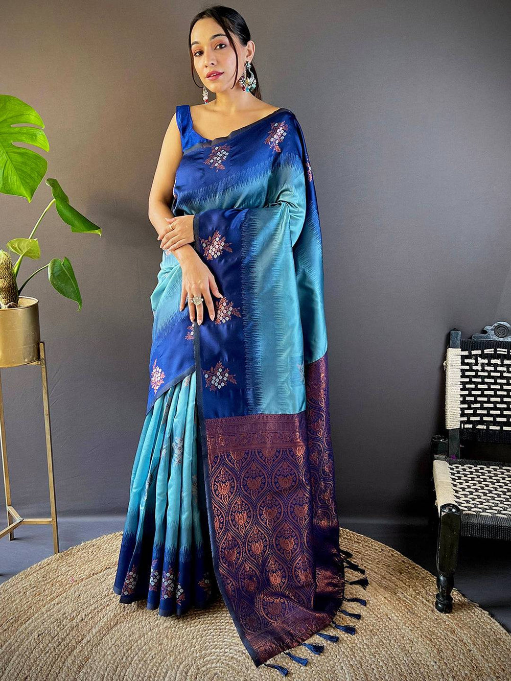 Full view of sky blue Sami Banarasi Tussar silk saree on model