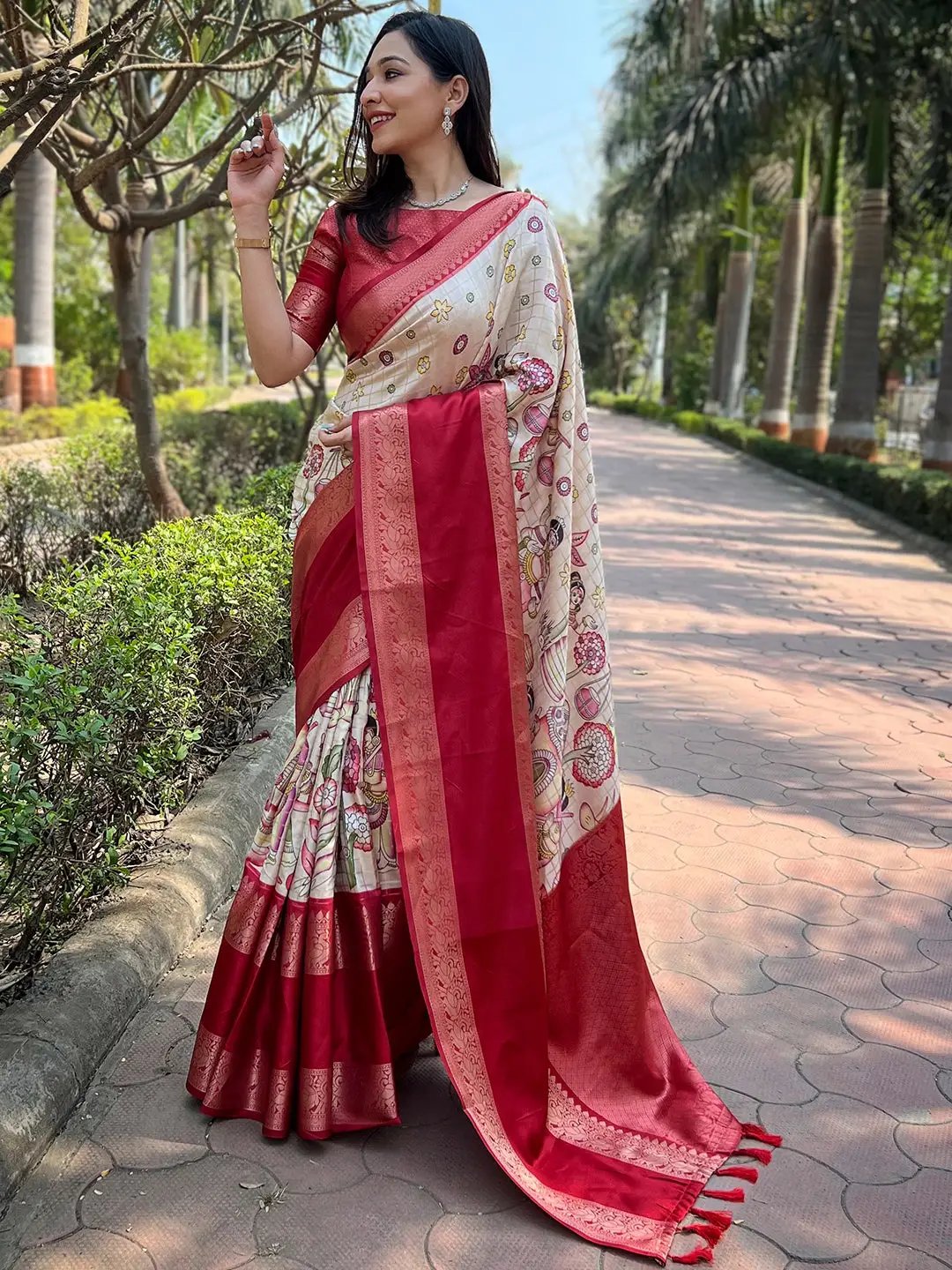Chiku Colour Double Border Banarasi Silk Saree in garden setting