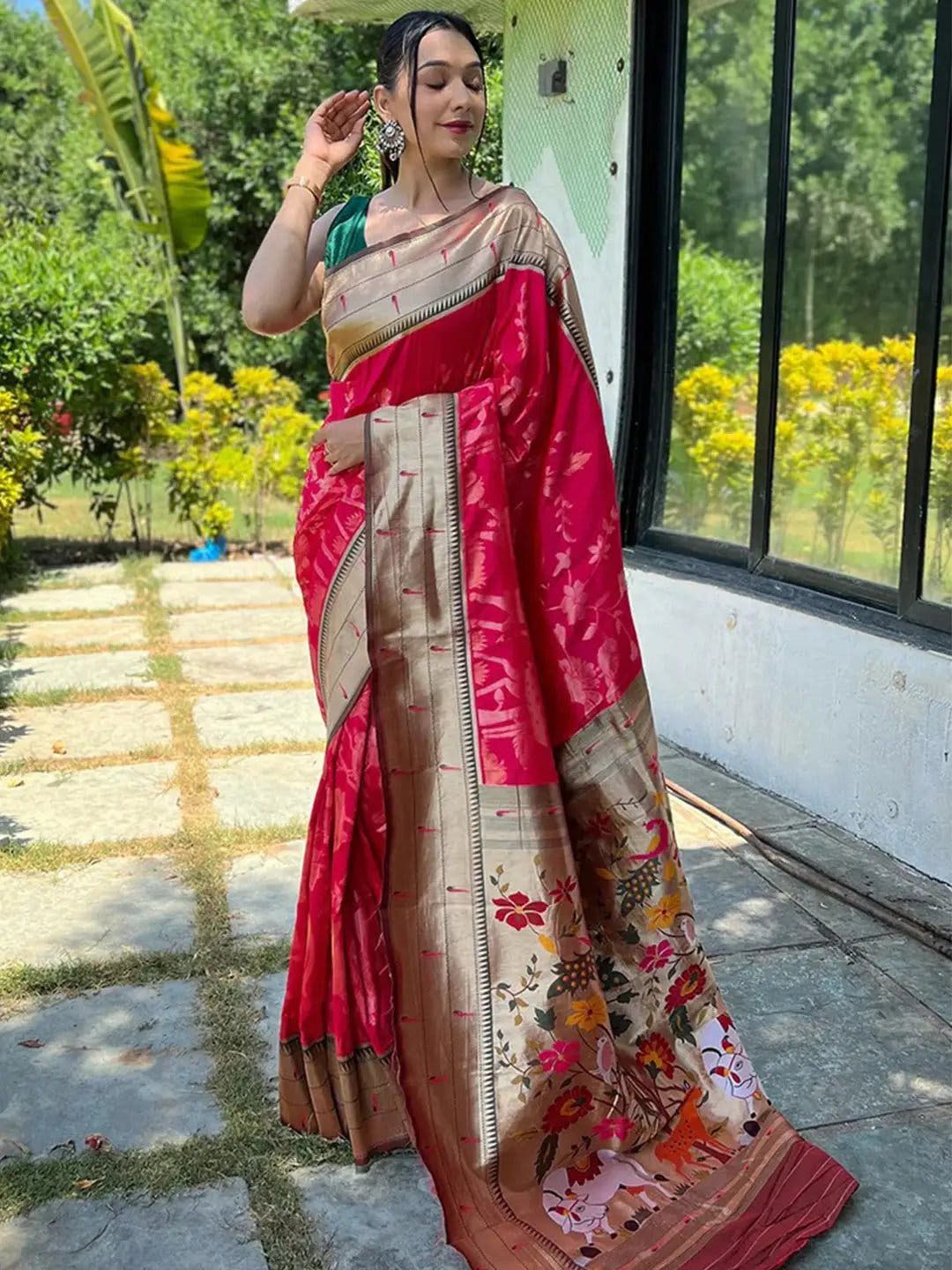 Elegant pink Paithani silk saree with Pichwai design