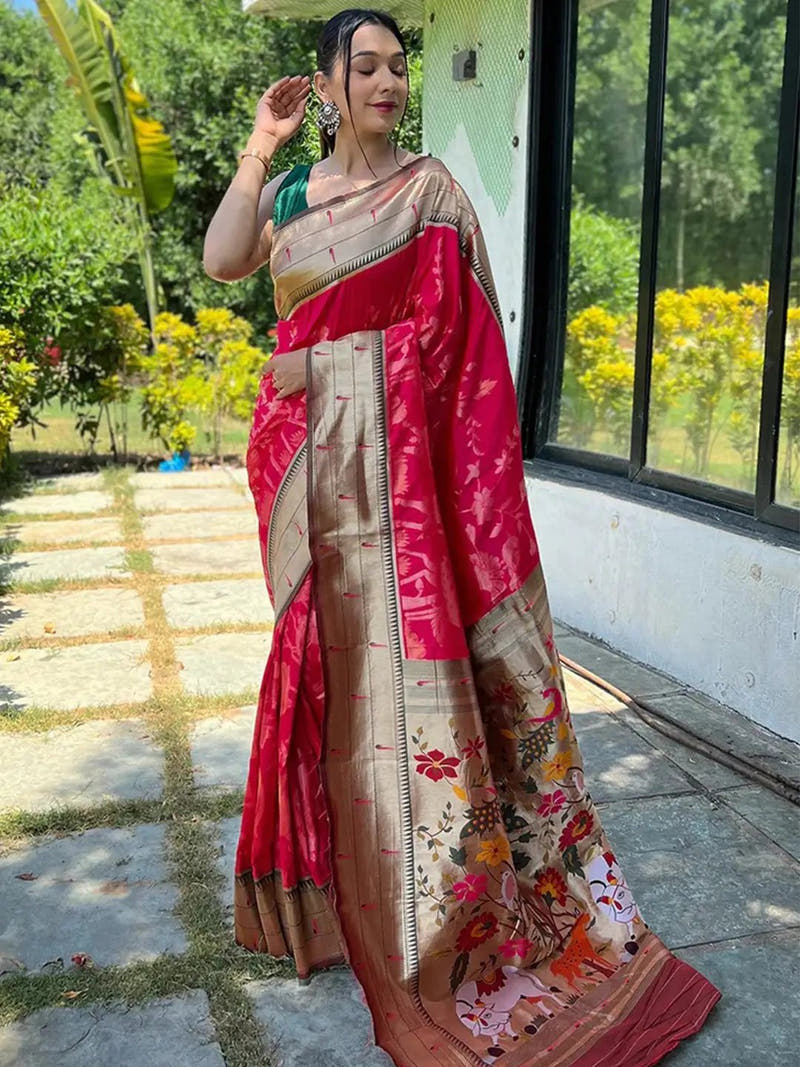 Elegant pink Paithani silk saree with Pichwai design