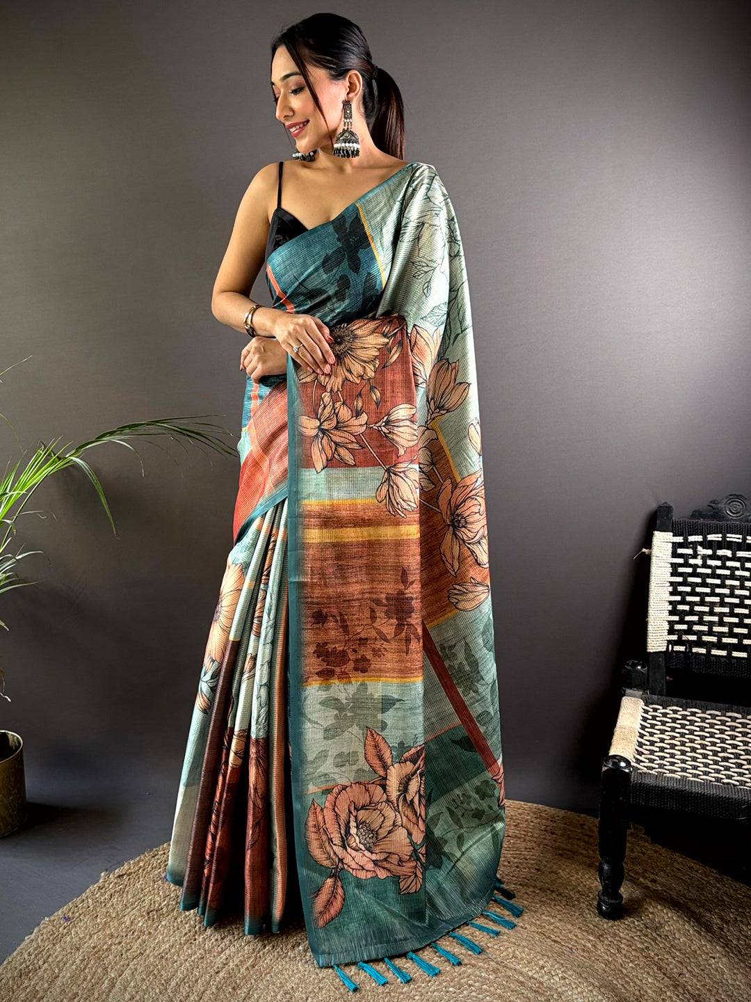 Teal Semi Gold Zari Tussar Saree