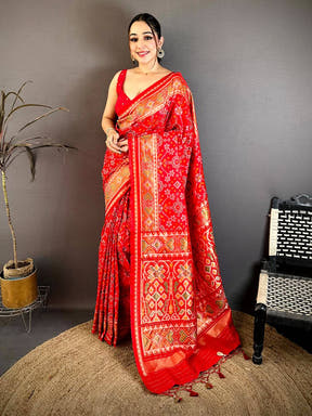 Red Soft Sami Silk Ikkat Patola Weaving Saree