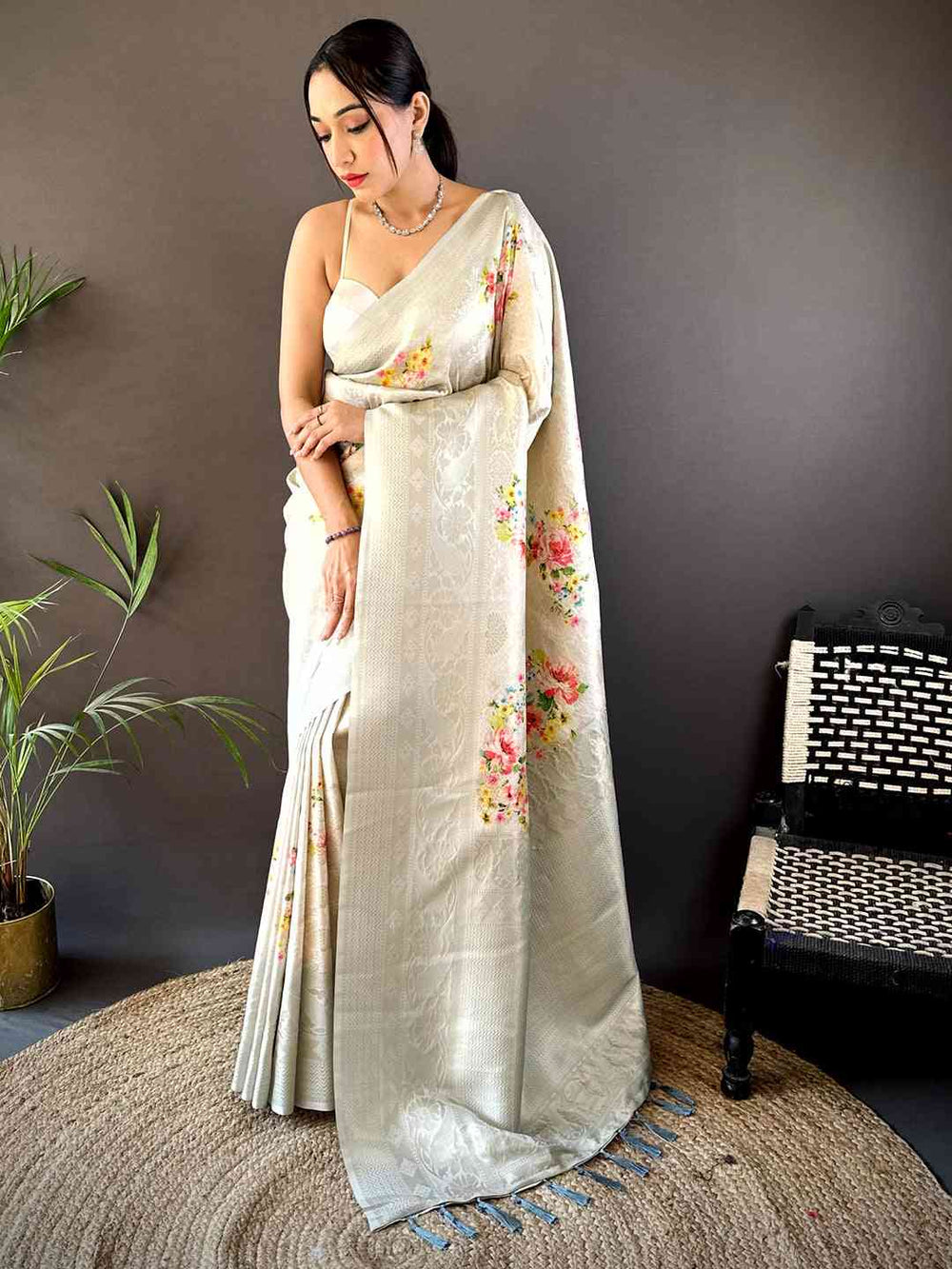 Off White Kanjivaram Digital Silk Saree