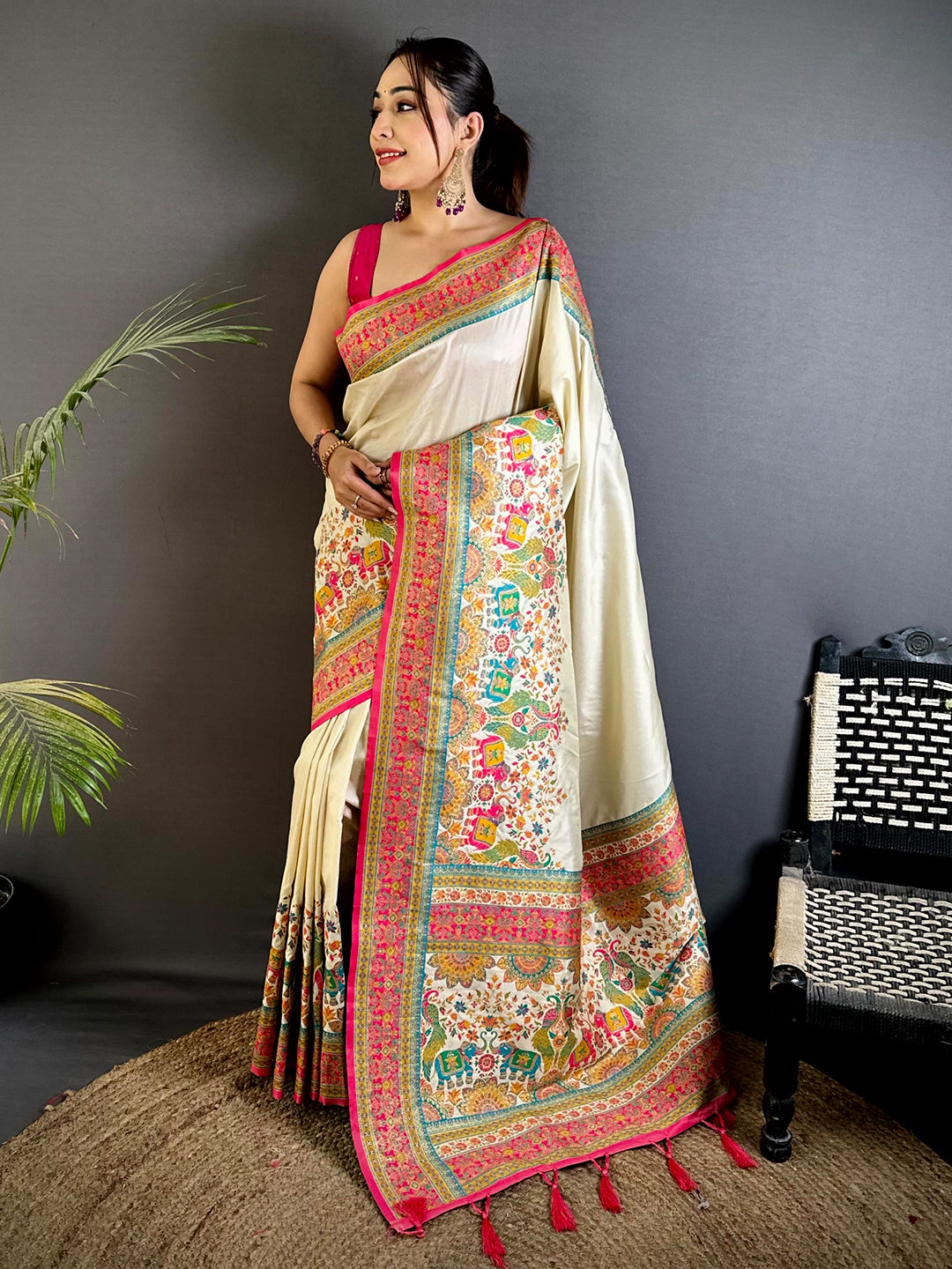Cream Kashmiri Art Soft Silk Saree
