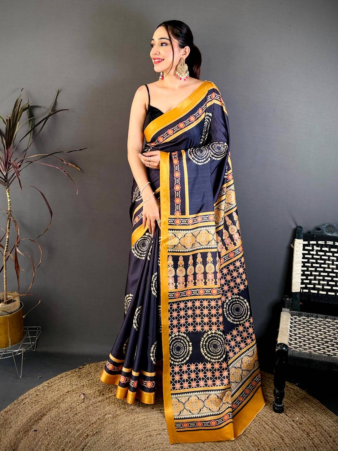 Classic Block Ajrakh Print Soft Tussar Saree

