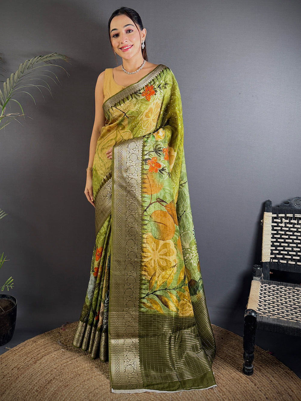 Serene Olive Floral Elegance Saree