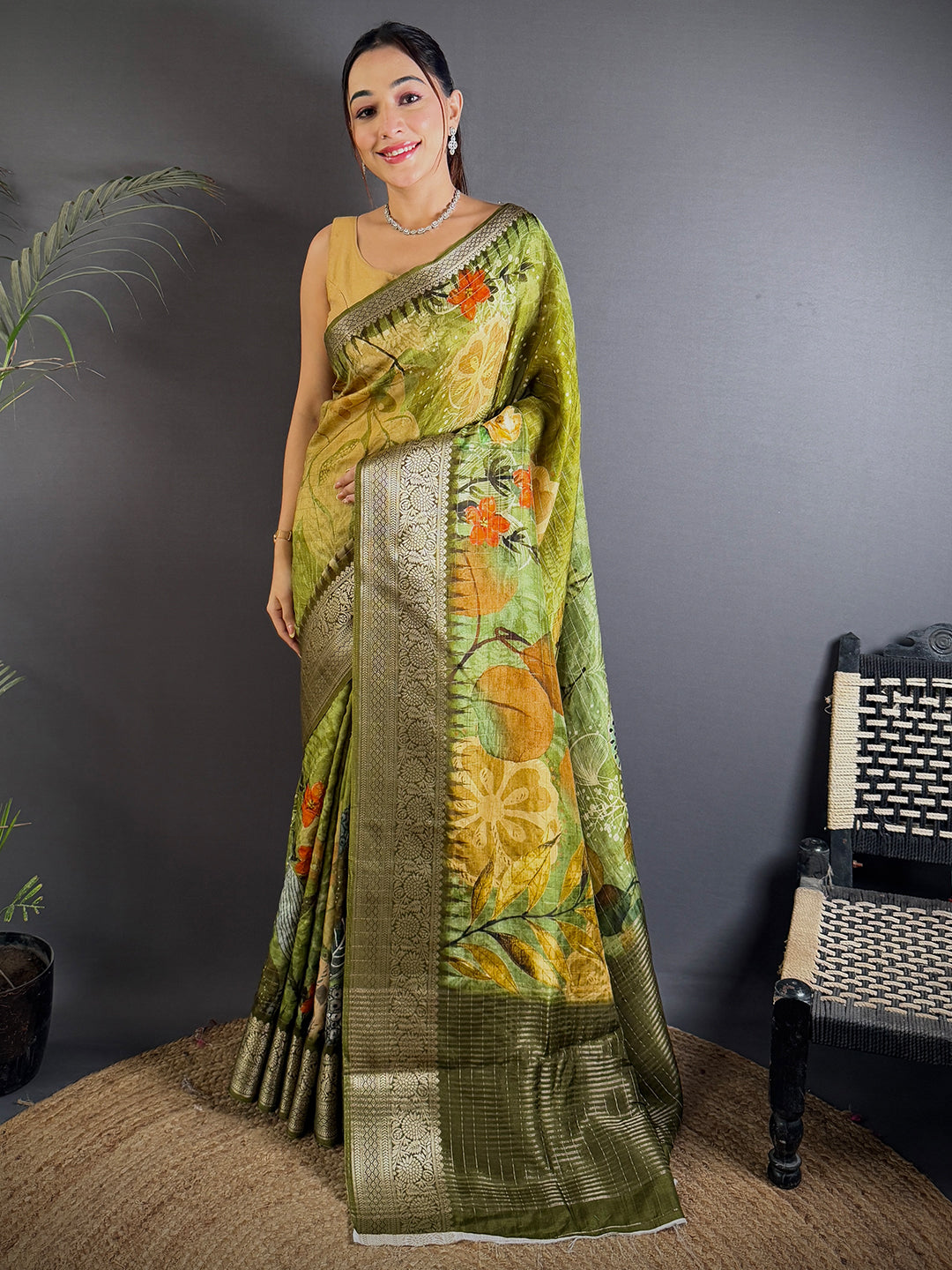 Serene Olive Floral Elegance Saree