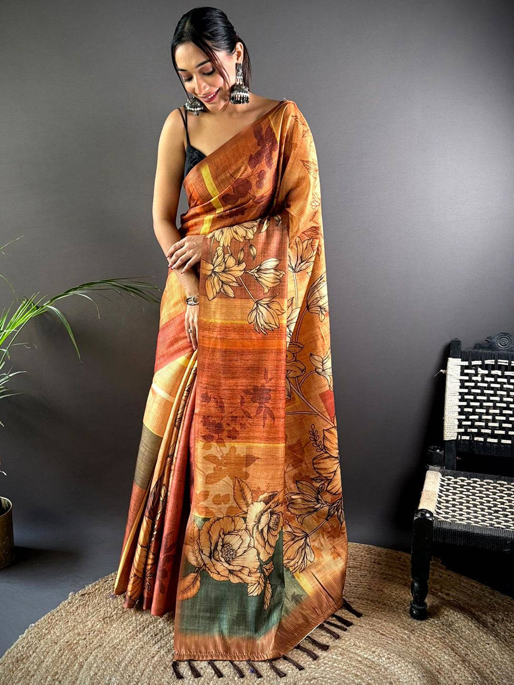 Brown Semi Gold Zari Tussar Saree