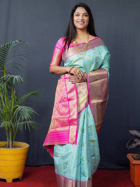Aqua Floral Zari Banarasi Kanjivaram Silk Saree