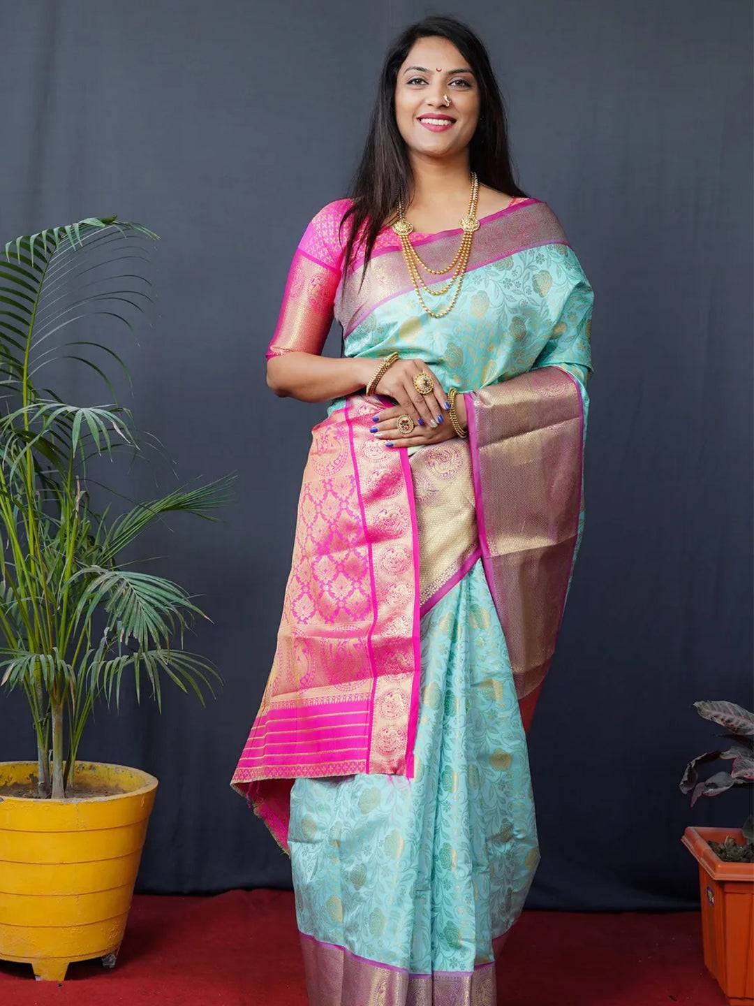 Aqua Floral Zari Banarasi Kanjivaram Silk Saree