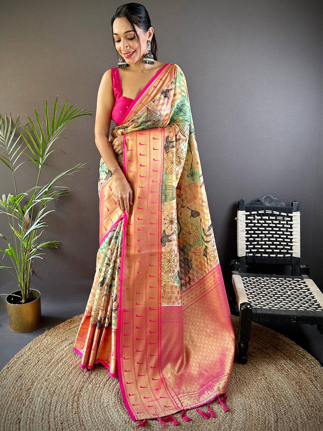 Multi Digital Paithani Kora Silk Saree