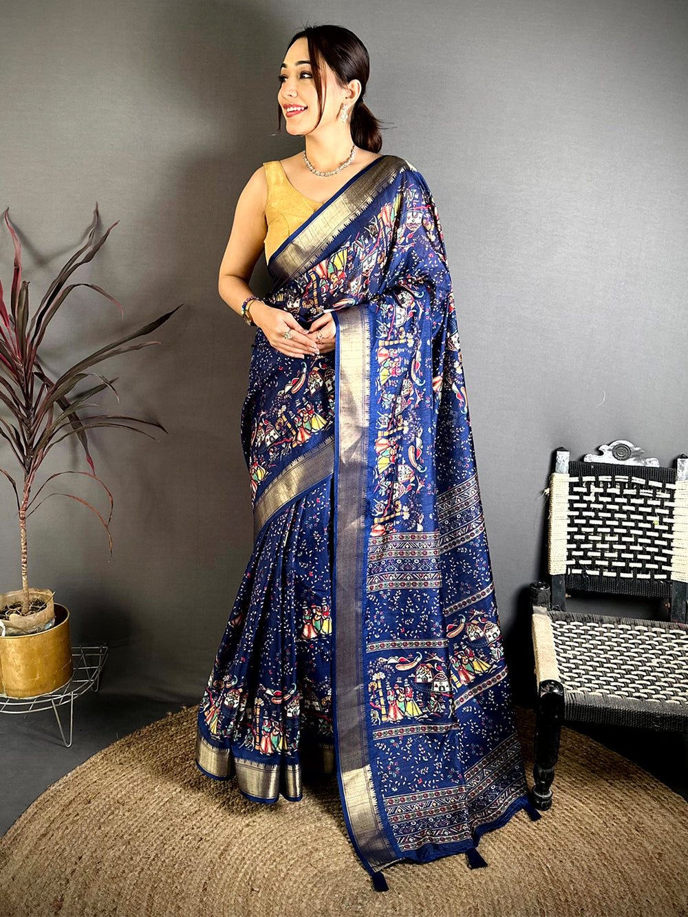 Navy Pen Kalamkari Soft Dola Zari Saree