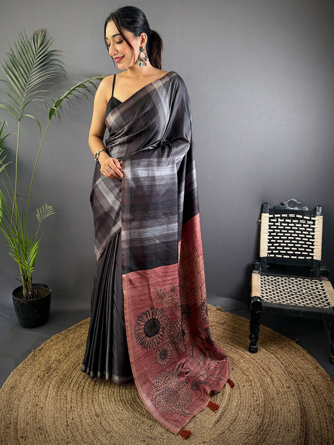Black Striped Tussar Ghicha Silk Saree