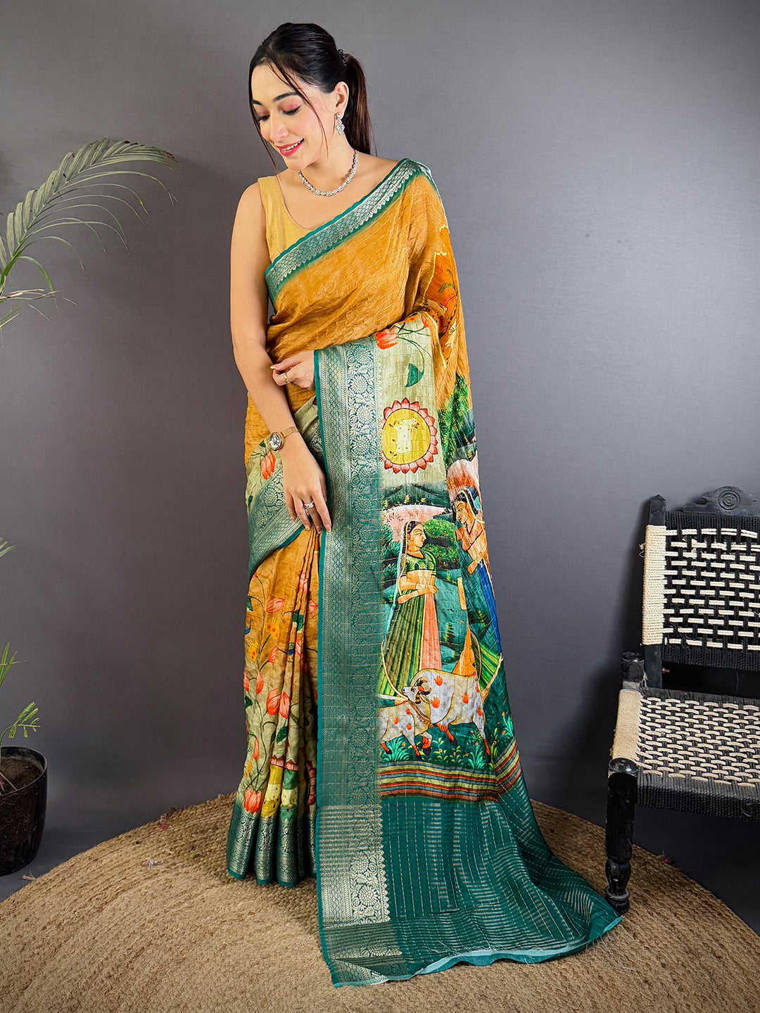 Mustard Viscose Pichwai Print Saree