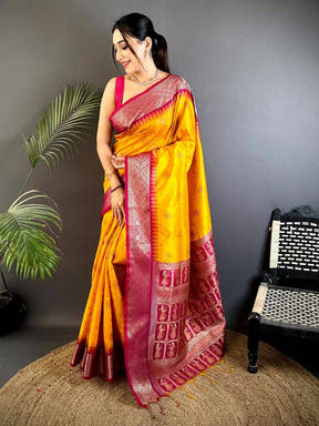 Yellow Crystal Raw Silk Kanchi Pattu Saree


