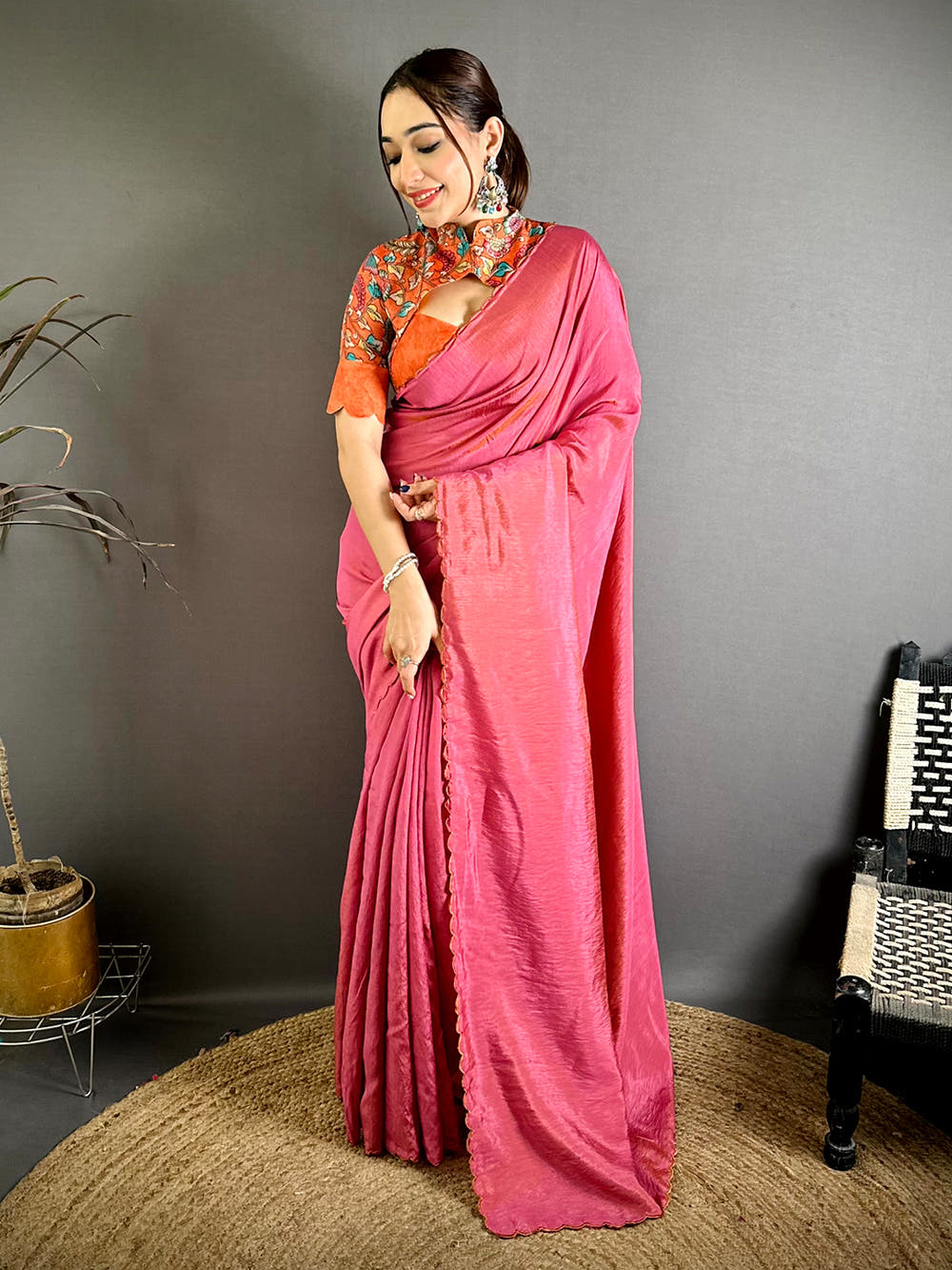 Rose Pink Silk Resham Embroidery Cutwork Saree