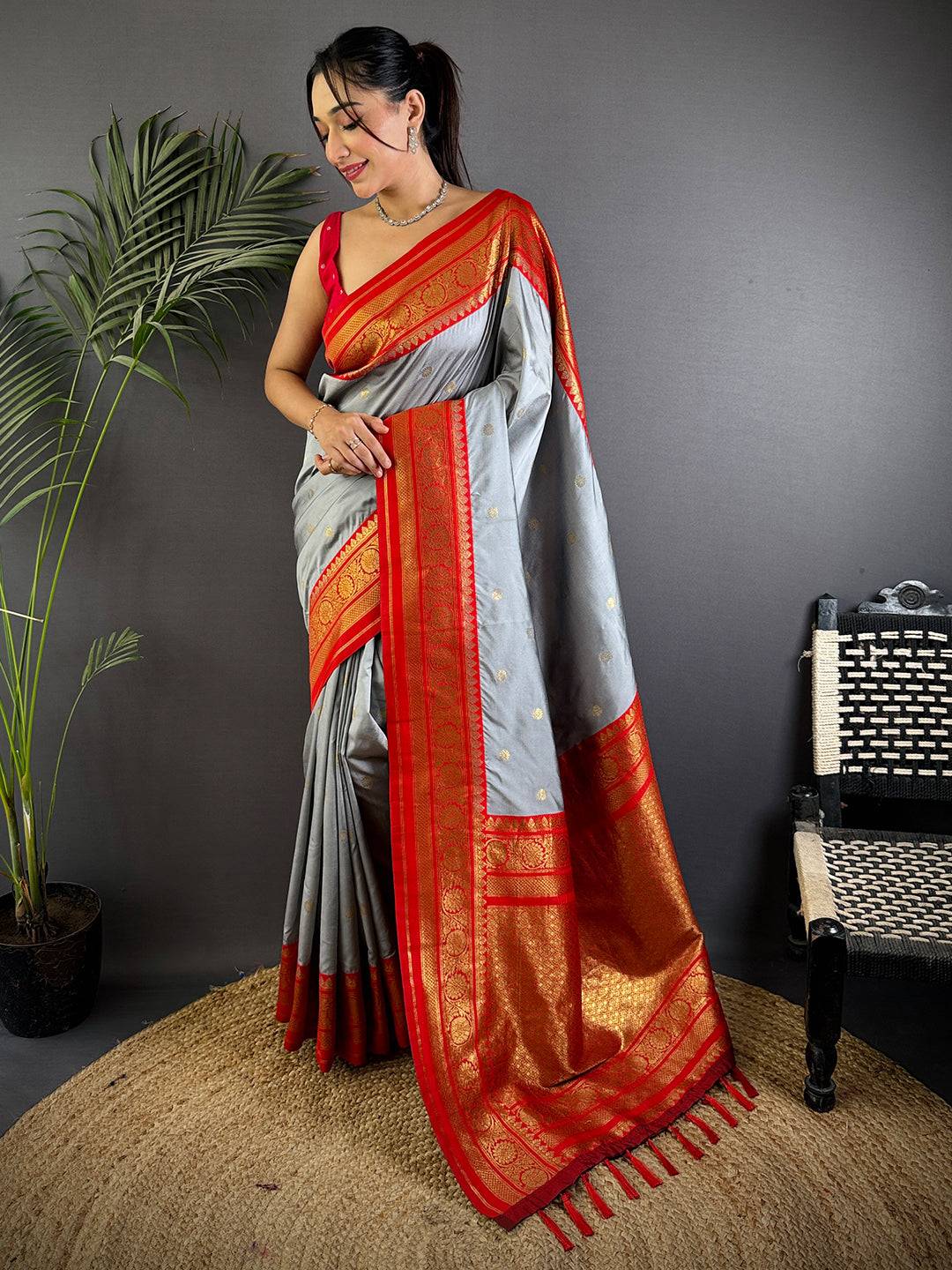 Regal Grey Gold Zari Butta Saree