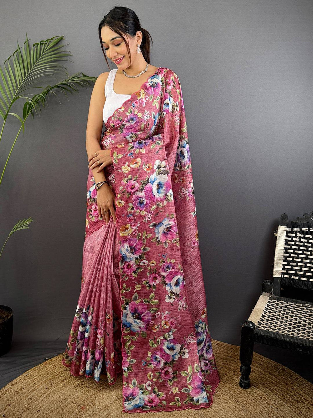 Dusty Mauve Floral Cut Work Kota Saree
