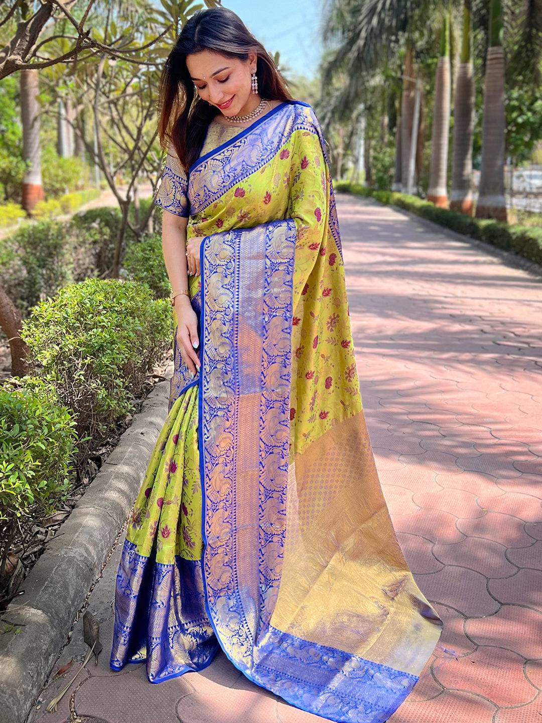 Festive Banarasi saree in blue with detailed zari patterns