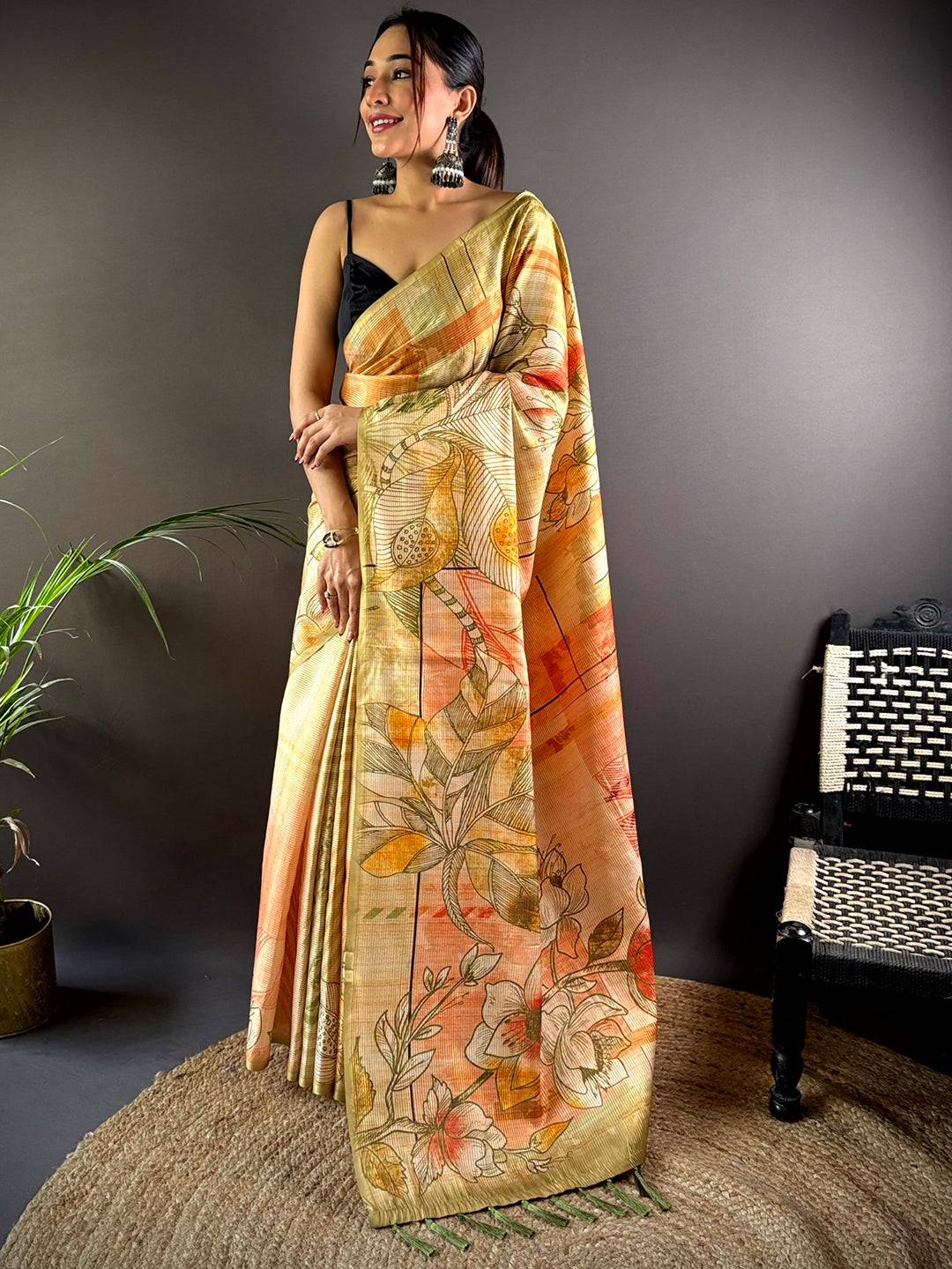 Olive Tussar Silk Lush Botanical Prints Saree
