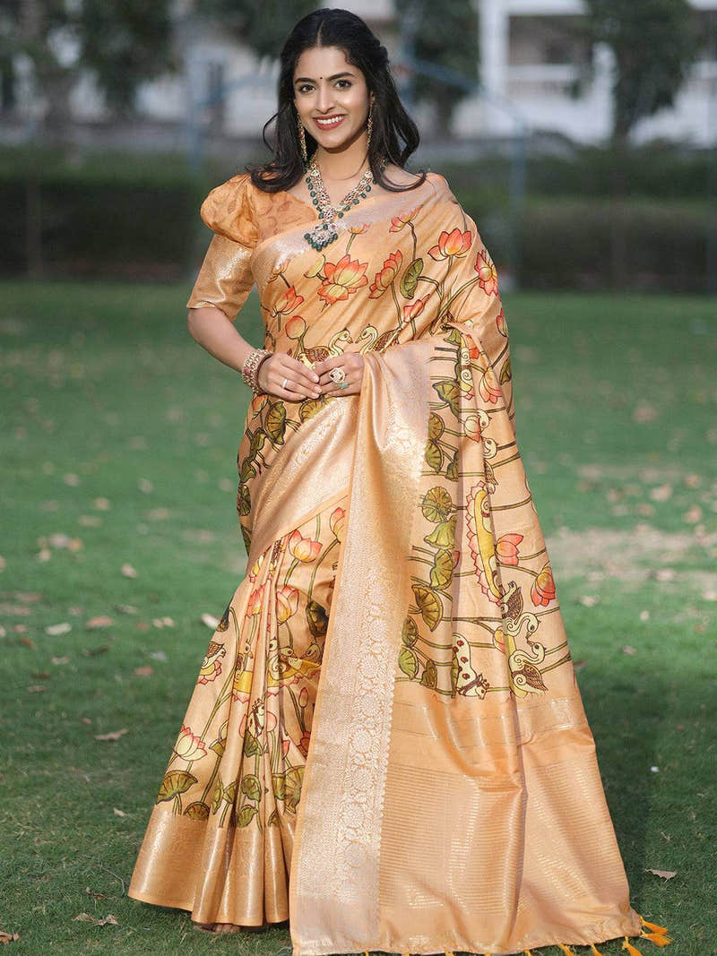 Peach Viscose Dola Silk Saree With Pichwai And Mughal Print - Luxe