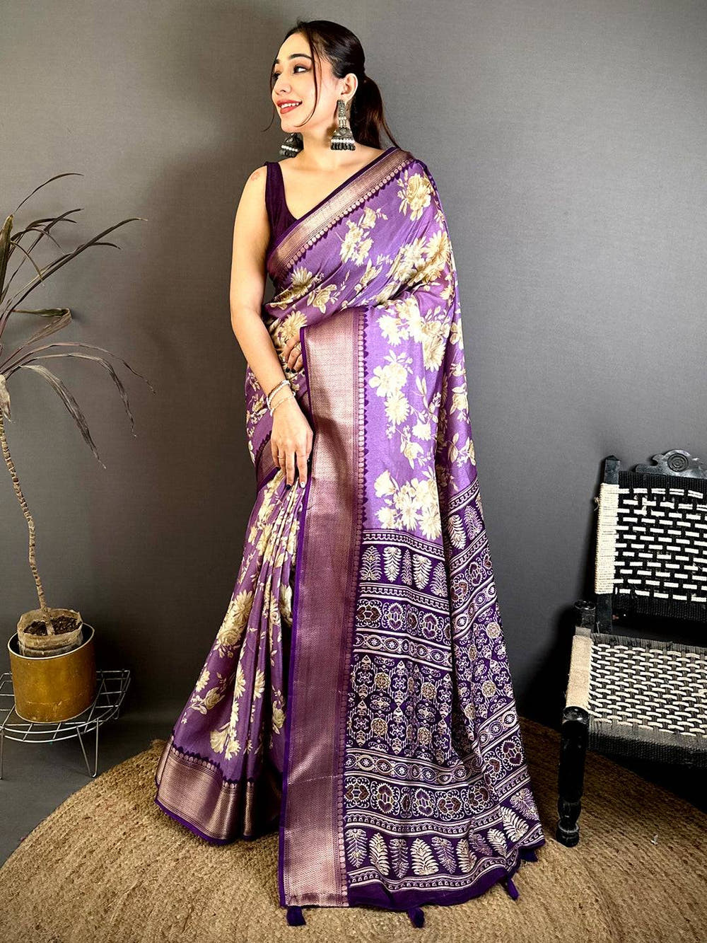 Lavender Dola Big Floral Zari Kanchi Saree