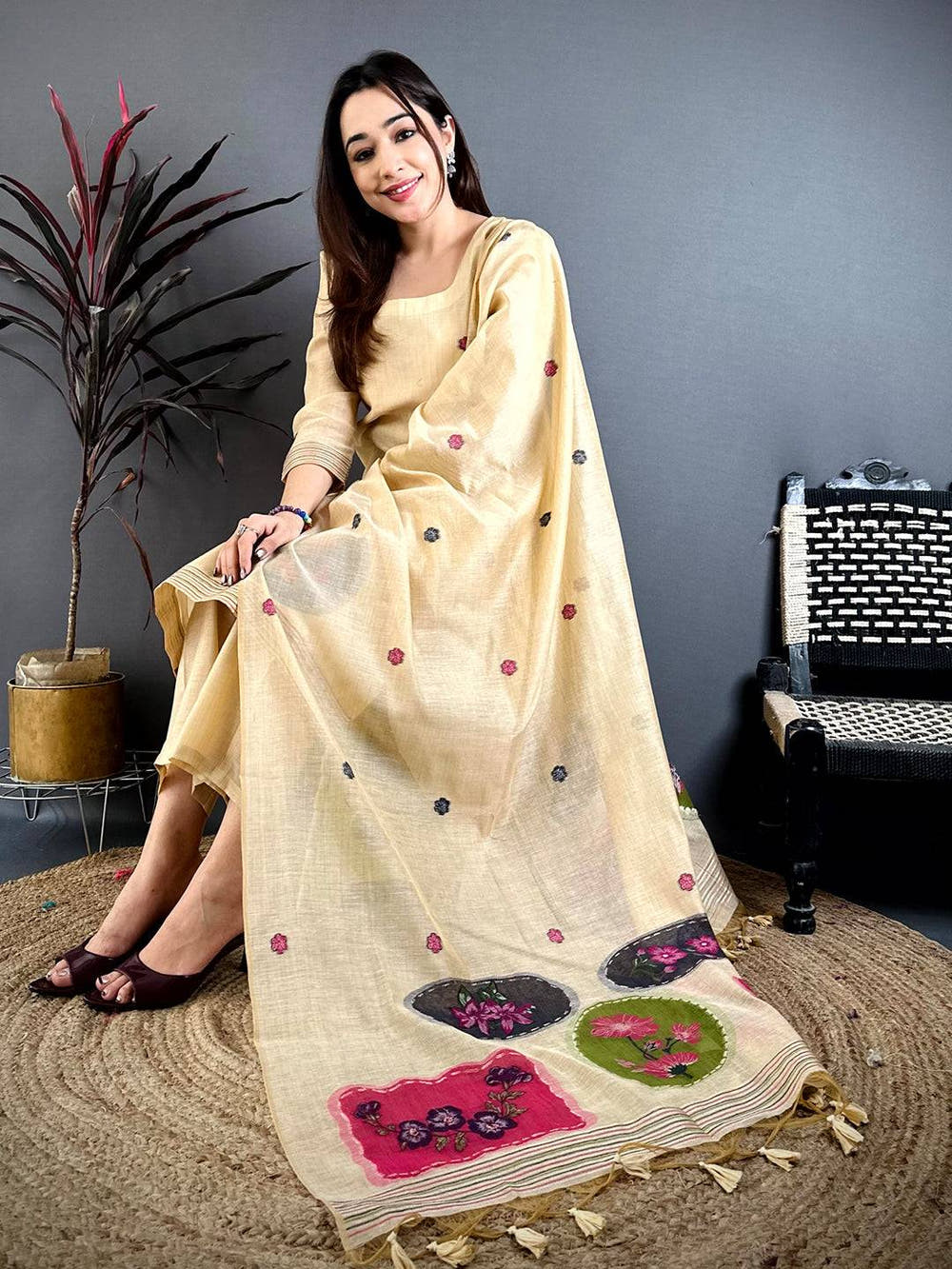 Opulent Beige Floral Cotton Dress