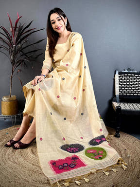Opulent Beige Floral Cotton Dress