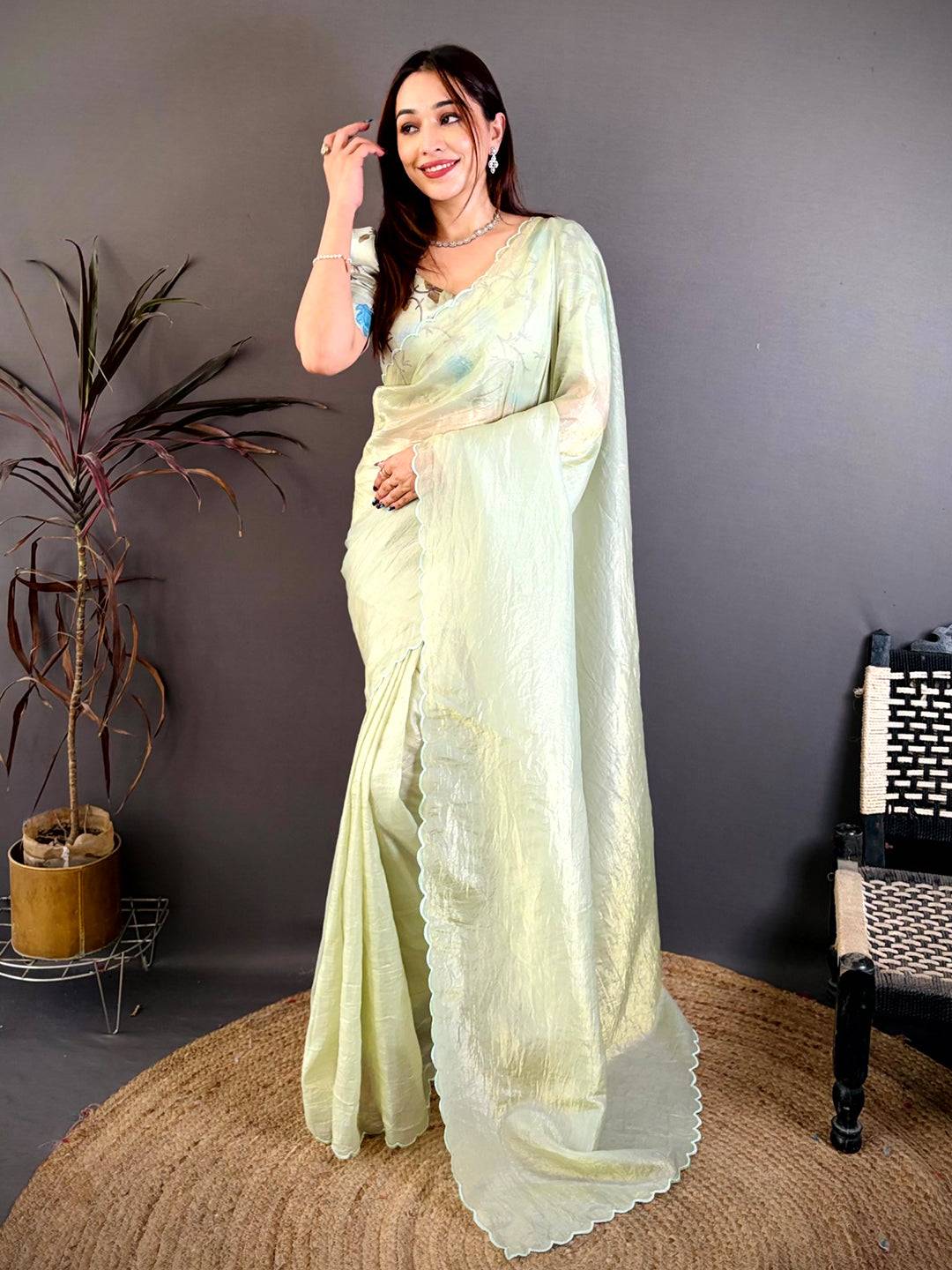 Lemon Yellow Bariq Cutwork Crash Silk Saree