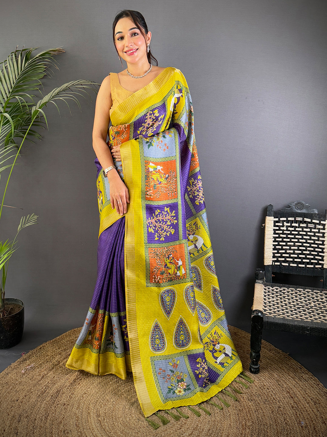 Royal Blue Tussar Kalalmkari Print Saree