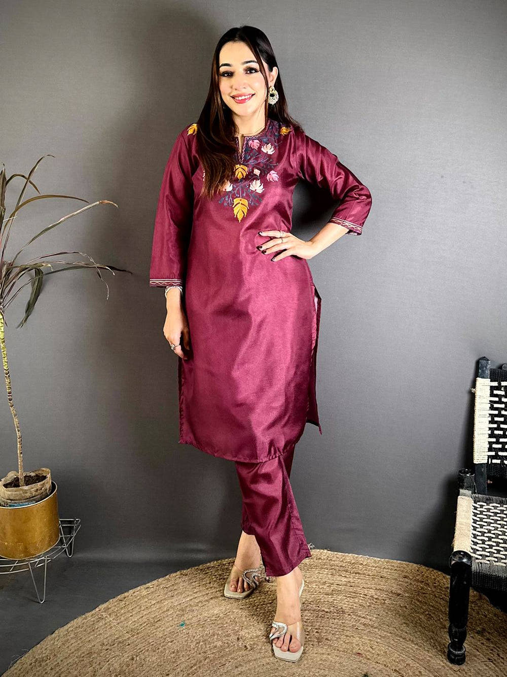 Wine Manipuri Crew Neck Kurti