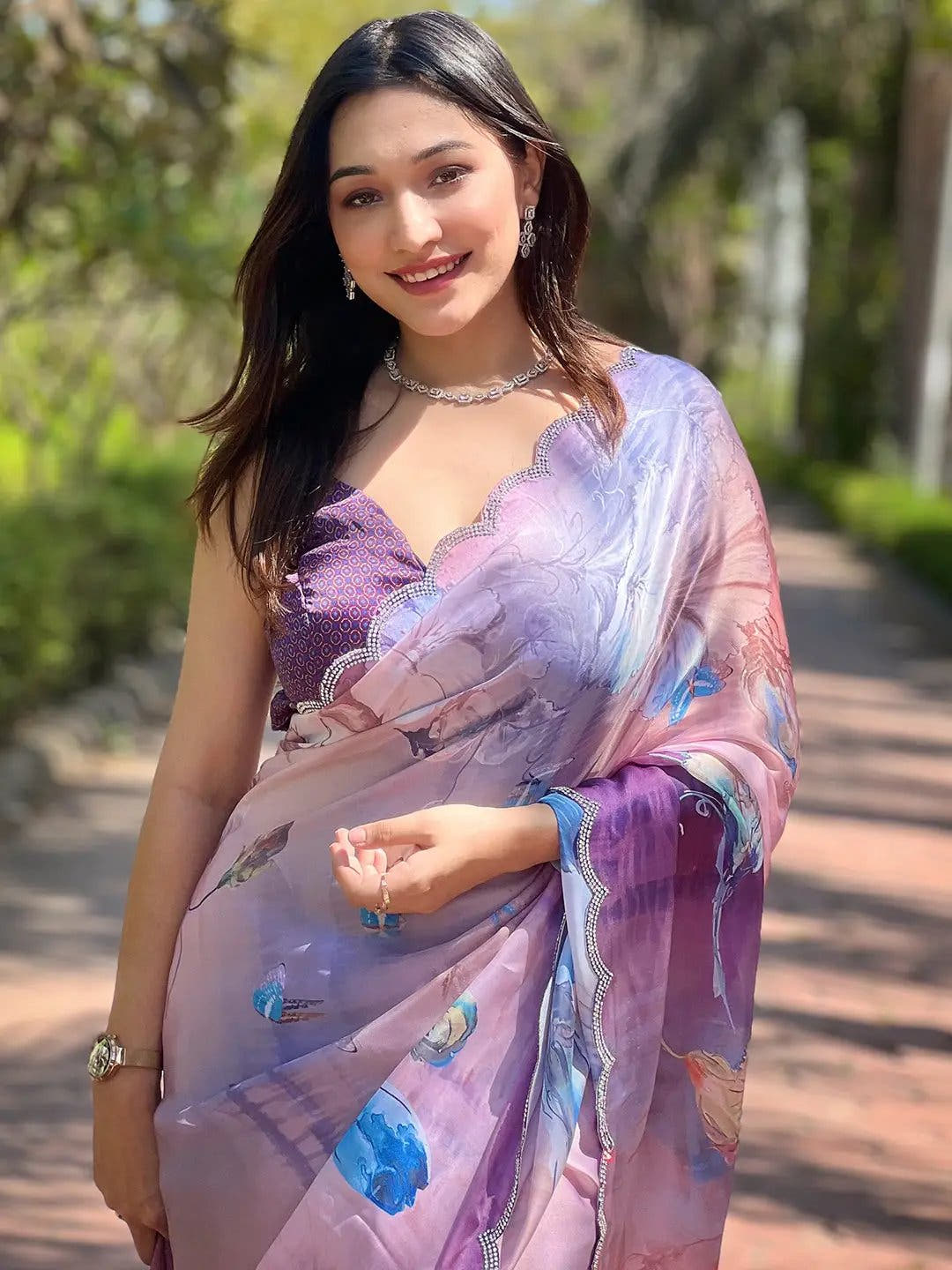 Lust Lavender Satin Georgette Floral Print Saree

