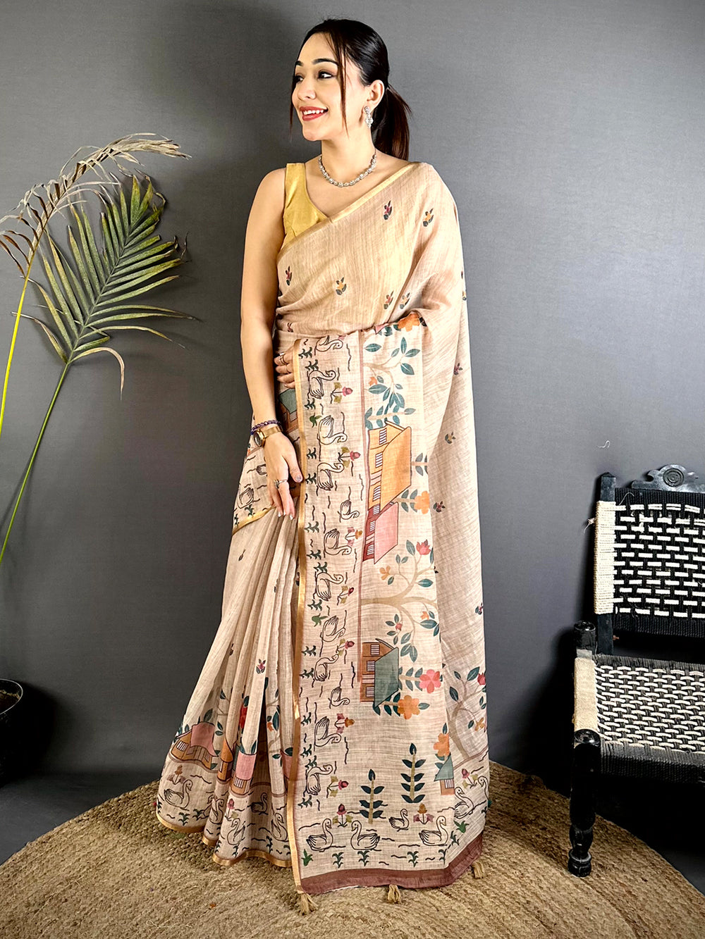 Peach Kalamkari Madhubani Print Saree



