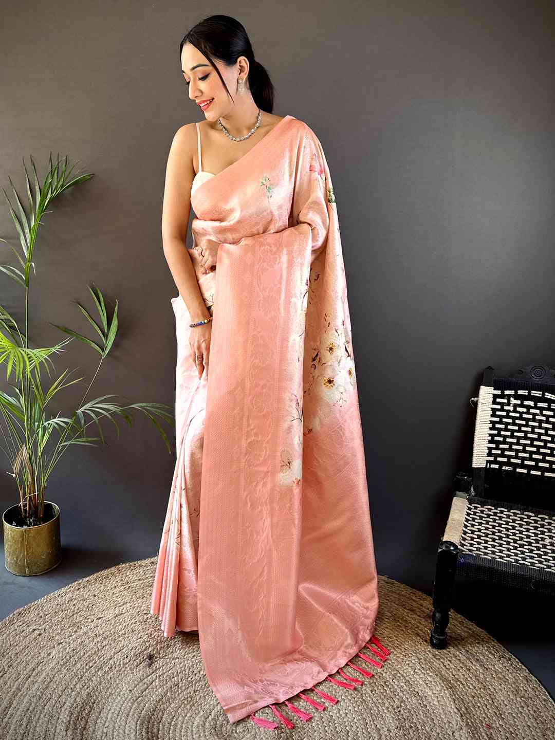 Pastel Peach Kanjivaram Digital Silk Saree