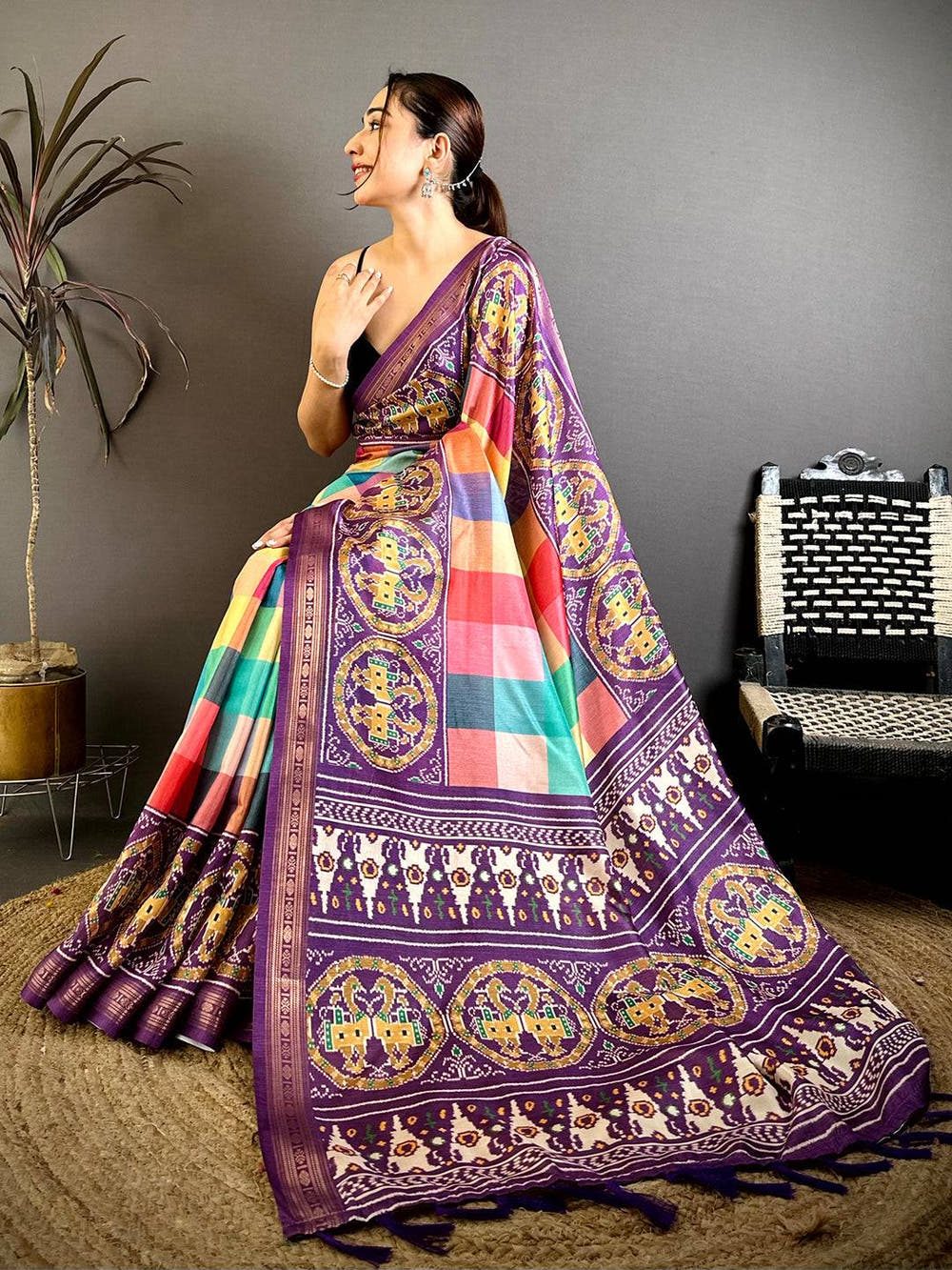 Stylish Digital Check Print Soft Silk Saree