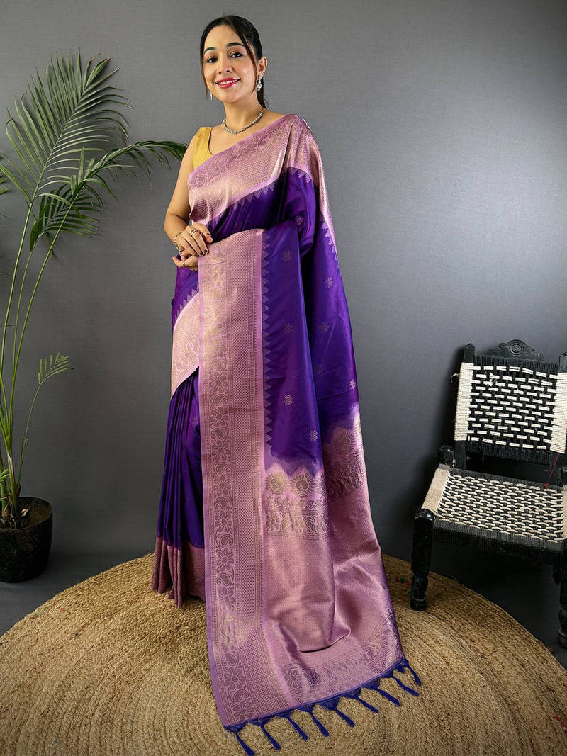 Purple Kolam Butti Gadwal Pattu Saree With Maggam Blouse